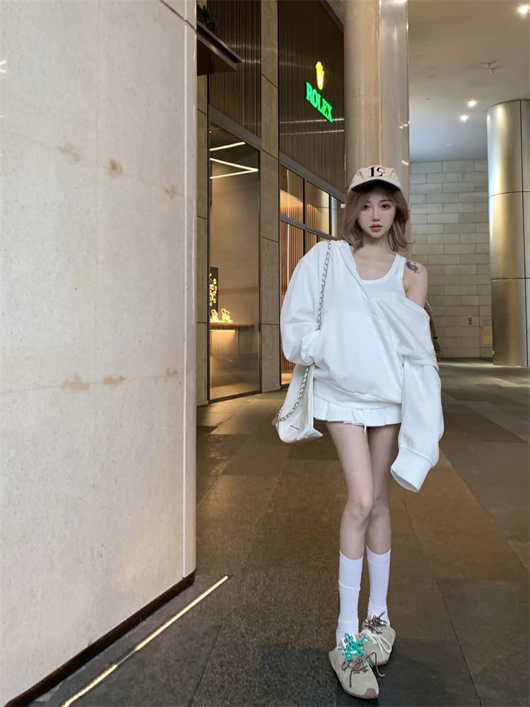 Oversized Hoodie with Pleated Mini Skirt and Tank Combo