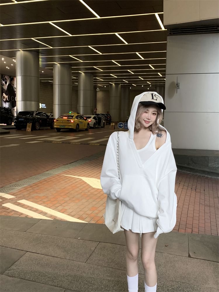 Oversized Hoodie with Pleated Mini Skirt and Tank Combo