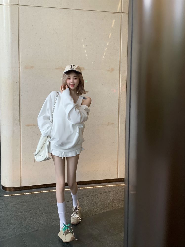 Oversized Hoodie with Pleated Mini Skirt and Tank Combo