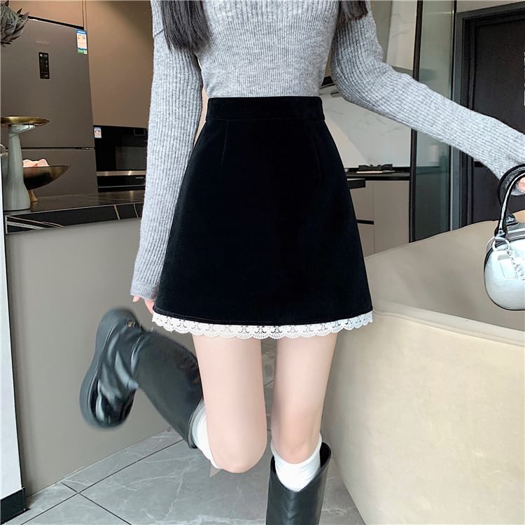 Velvet Mini A-Line Skirt with Contrast Lace Trim