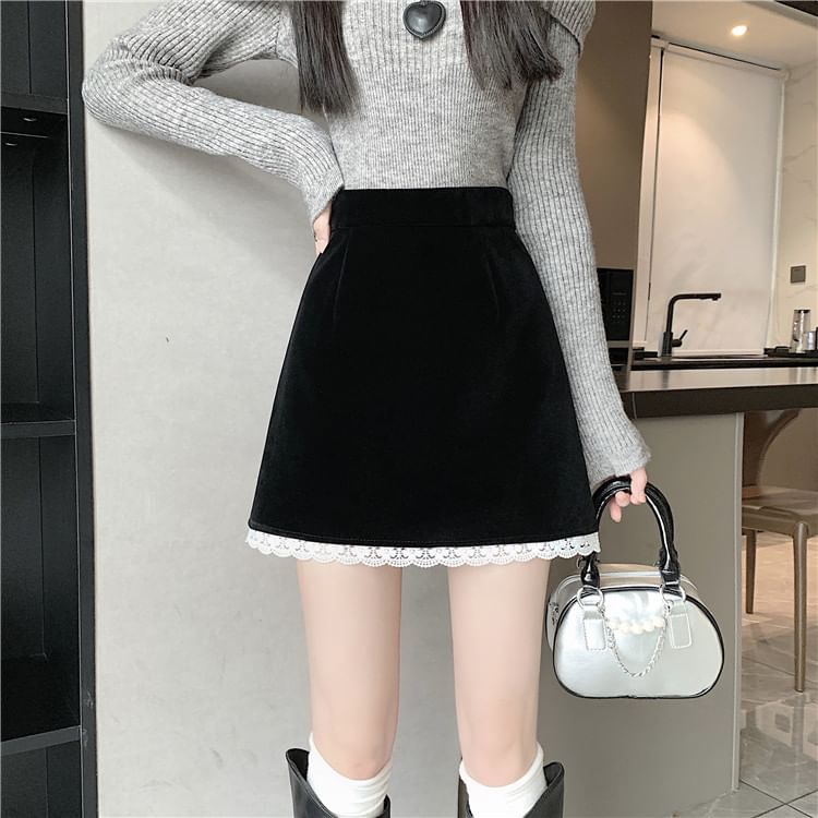 Velvet Mini A-Line Skirt with Contrast Lace Trim