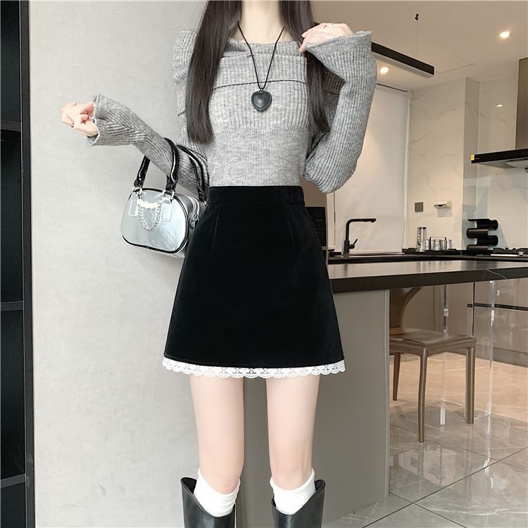 Velvet Mini A-Line Skirt with Contrast Lace Trim