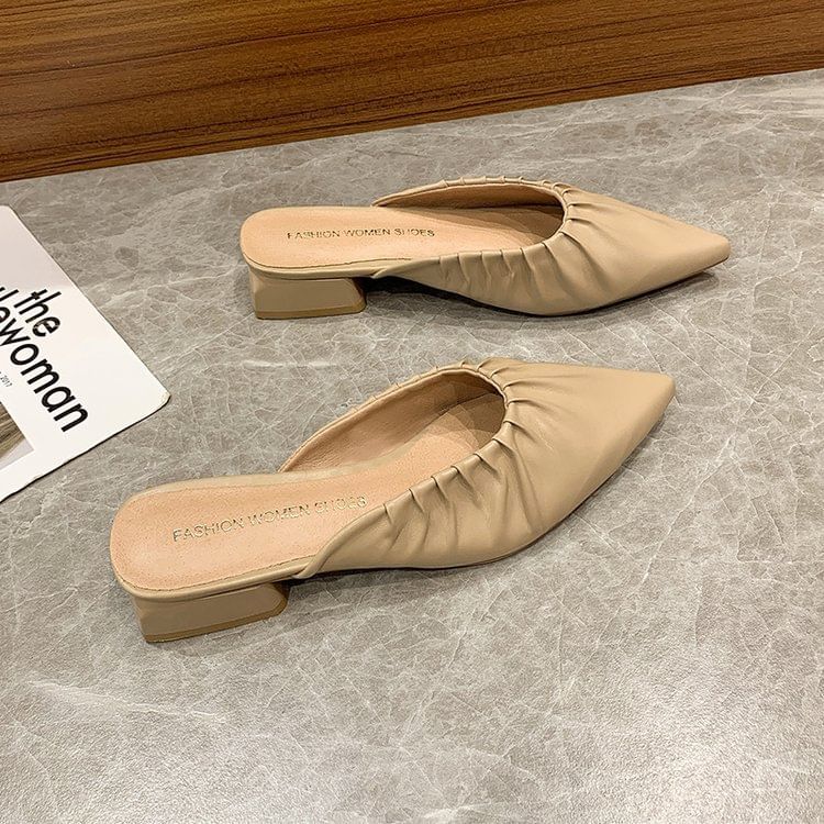 [39] Chunky Heel Pointed Toe Plain Ruched Faux Leather Mules