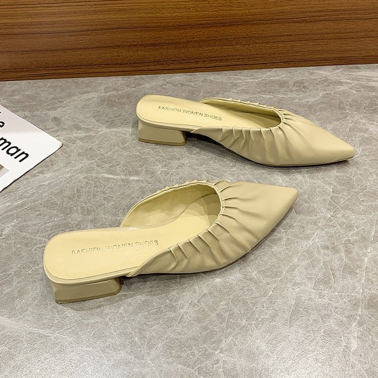[39] Chunky Heel Pointed Toe Plain Ruched Faux Leather Mules