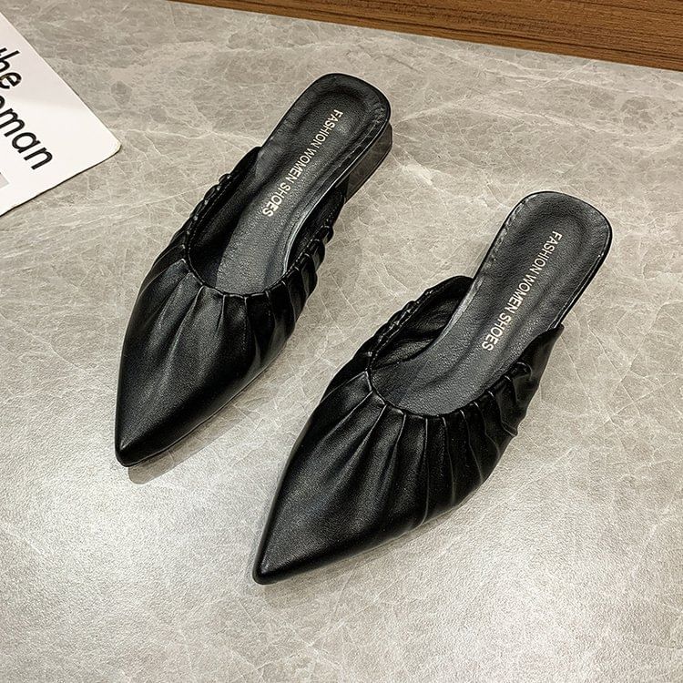 [39] Chunky Heel Pointed Toe Plain Ruched Faux Leather Mules