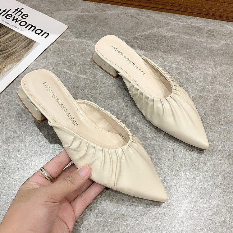 [39] Chunky Heel Pointed Toe Plain Ruched Faux Leather Mules