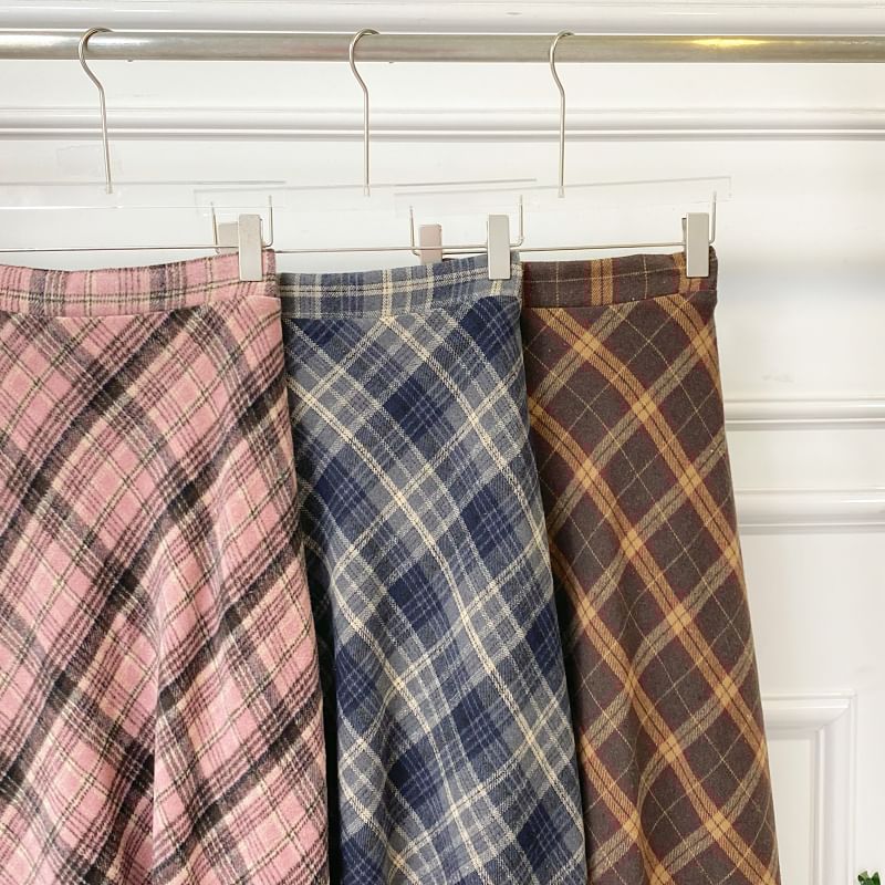 Plaid Midi Skirt with A-Line Silhouette and High Rise