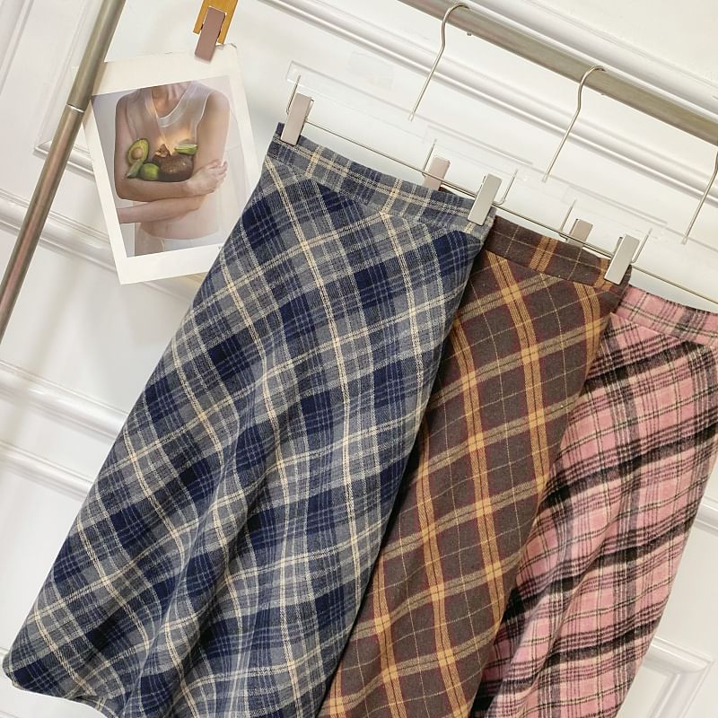 Plaid Midi Skirt with A-Line Silhouette and High Rise