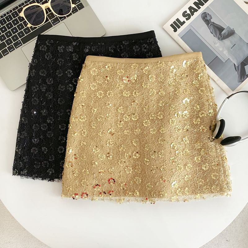 Sequined A-Line Mini Skirt with High Waist