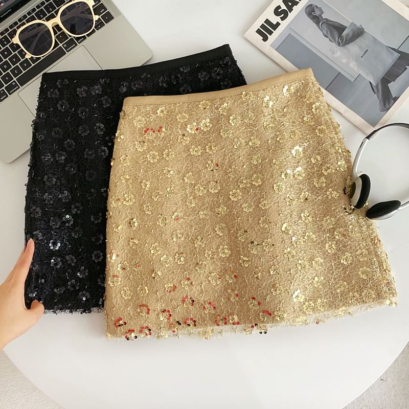 Sequined A-Line Mini Skirt with High Waist