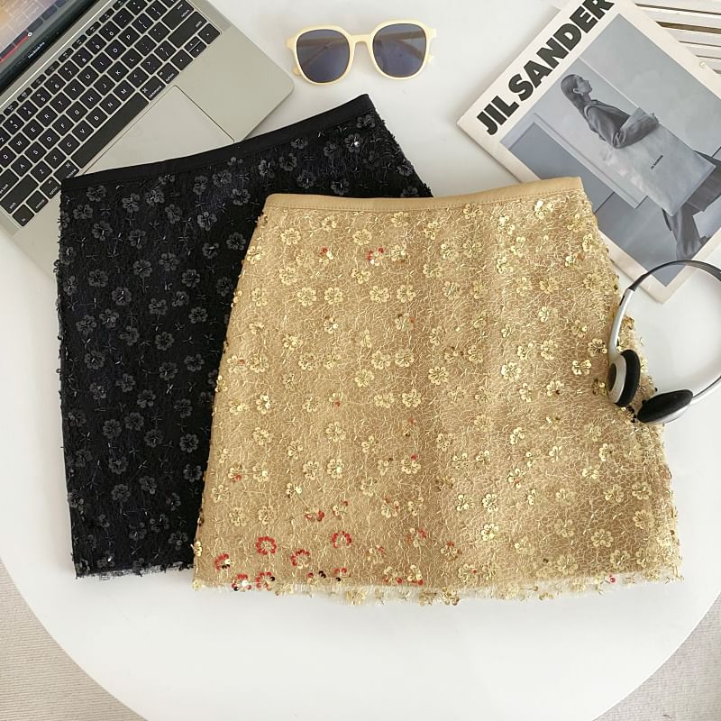 Sequined A-Line Mini Skirt with High Waist