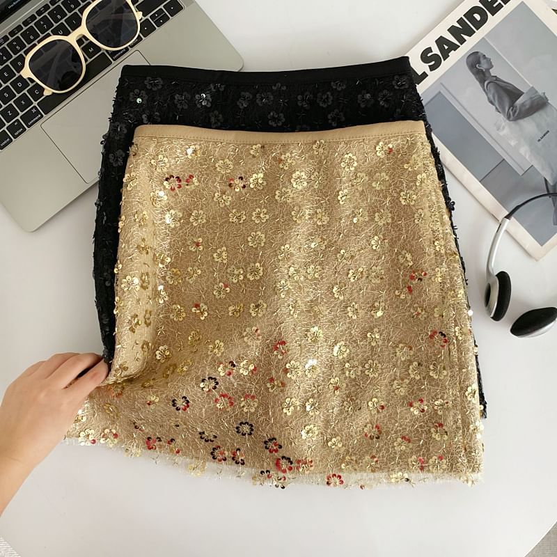 Sequined A-Line Mini Skirt with High Waist