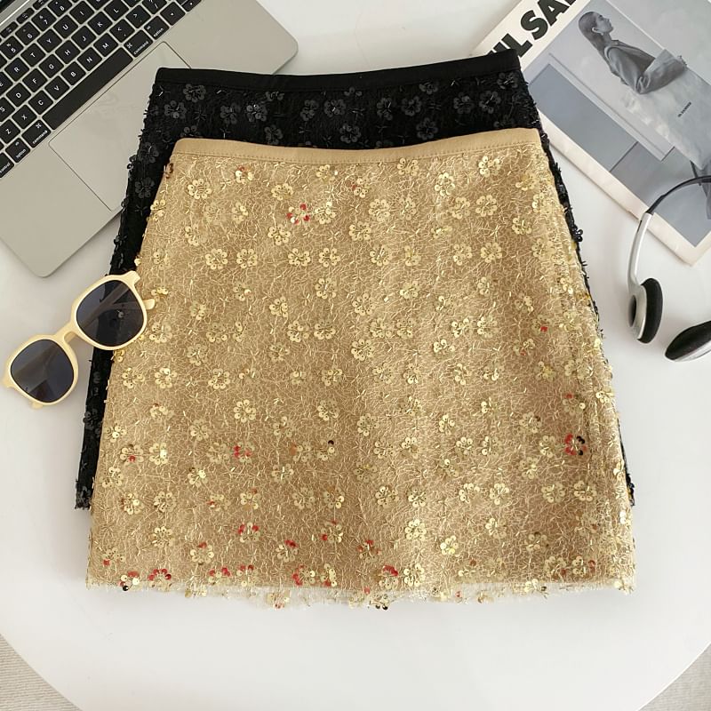 Sequined A-Line Mini Skirt with High Waist