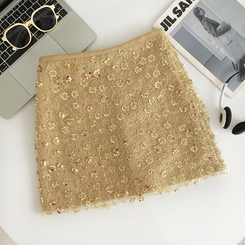 Sequined A-Line Mini Skirt with High Waist