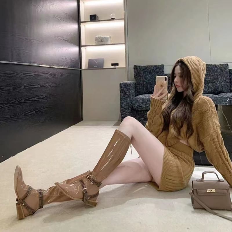 Cable Knit Hooded Sweater and Ribbed Mini Skirt Set
