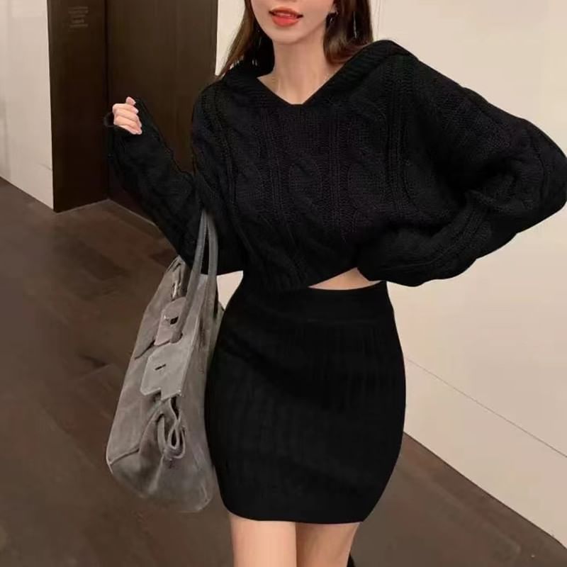 Cable Knit Hooded Sweater and Ribbed Mini Skirt Set
