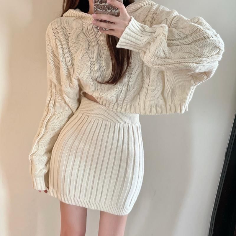 Cable Knit Hooded Sweater and Ribbed Mini Skirt Set
