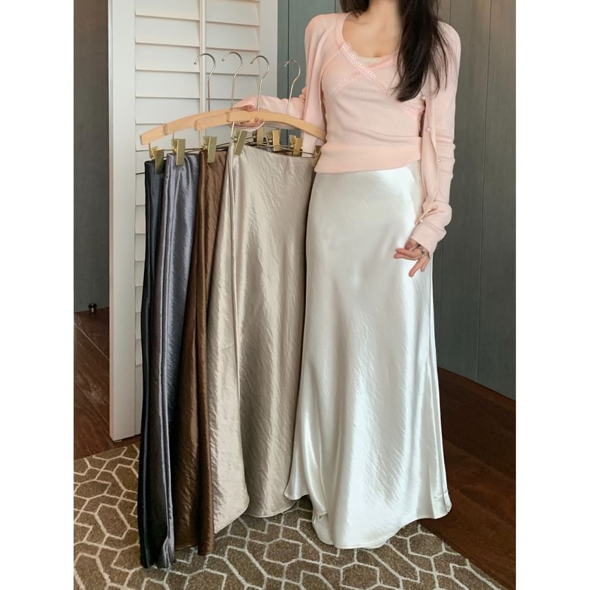 Lustrous Satin Midi Skirt with High Waist