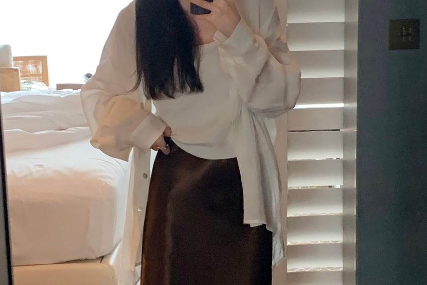 Lustrous Satin Midi Skirt with High Waist