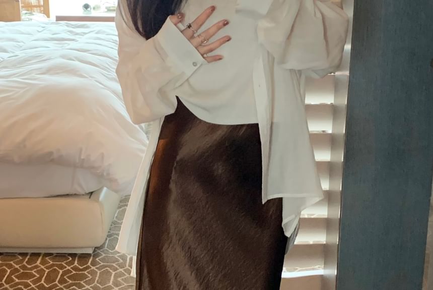 Lustrous Satin Midi Skirt with High Waist