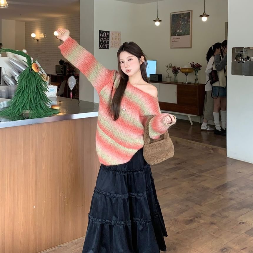 Striped Off-Shoulder Sweater and Maxi A-Line Skirt Set