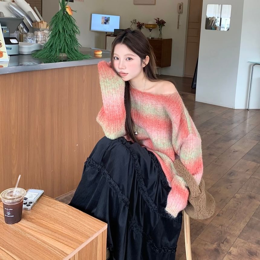 Striped Off-Shoulder Sweater and Maxi A-Line Skirt Set