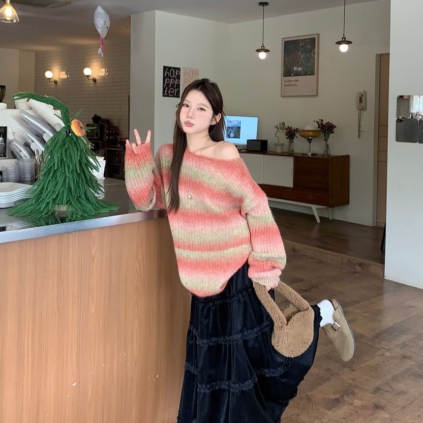 Striped Off-Shoulder Sweater and Maxi A-Line Skirt Set