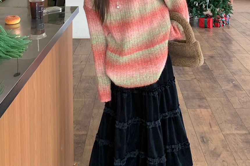 Striped Off-Shoulder Sweater and Maxi A-Line Skirt Set