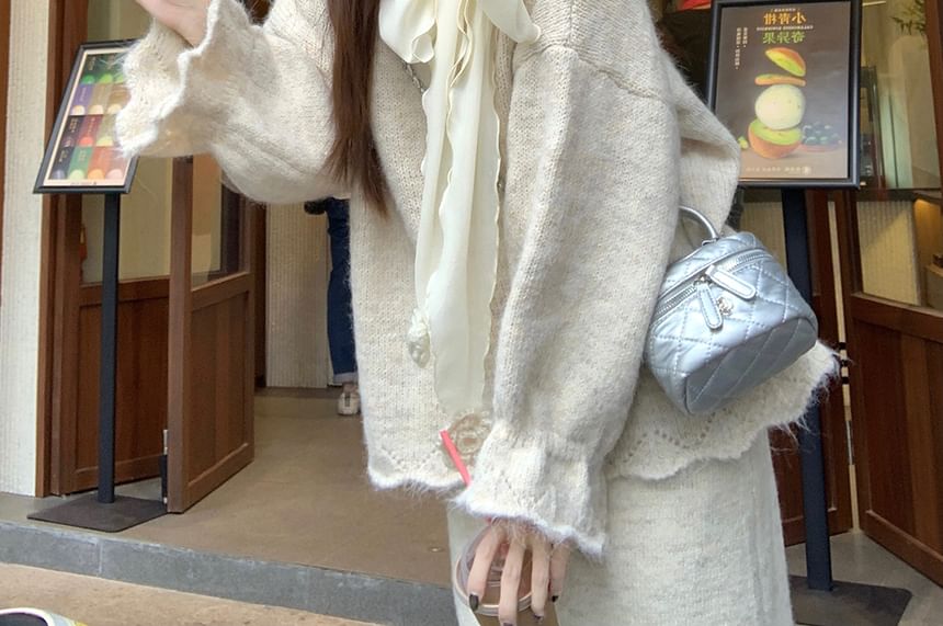 Bowknot Sweater and Maxi Skirt Set - Long Sleeve Crew Neck
