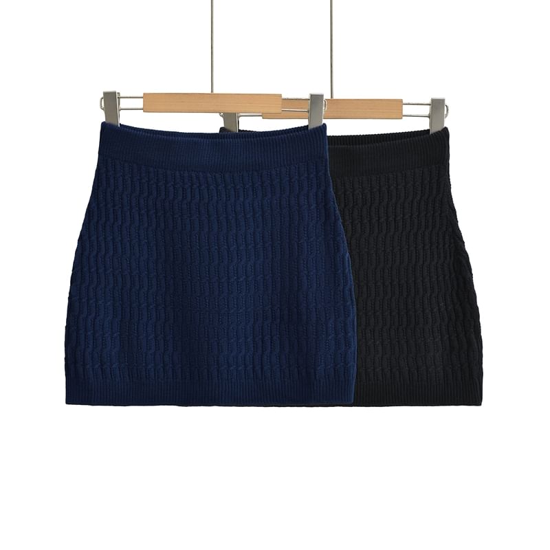 Cable Knit Pencil Mini Skirt with High Rise