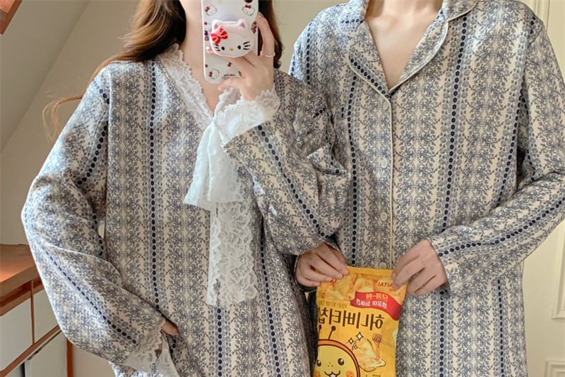Couple Matching Pajama Set: Long-Sleeve Floral Print Button-Up Shirt + Pants