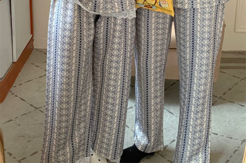 Couple Matching Pajama Set: Long-Sleeve Floral Print Button-Up Shirt + Pants