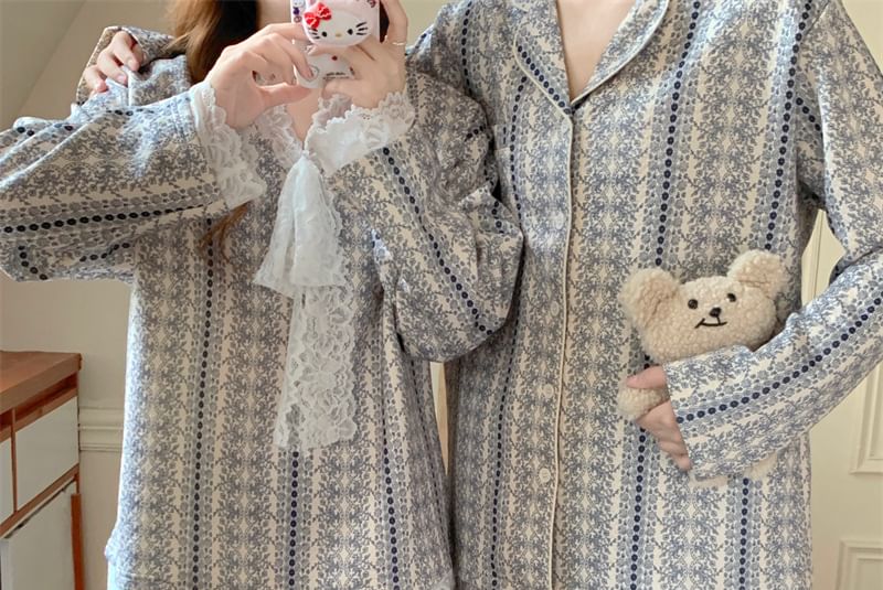 Couple Matching Pajama Set: Long-Sleeve Floral Print Button-Up Shirt + Pants