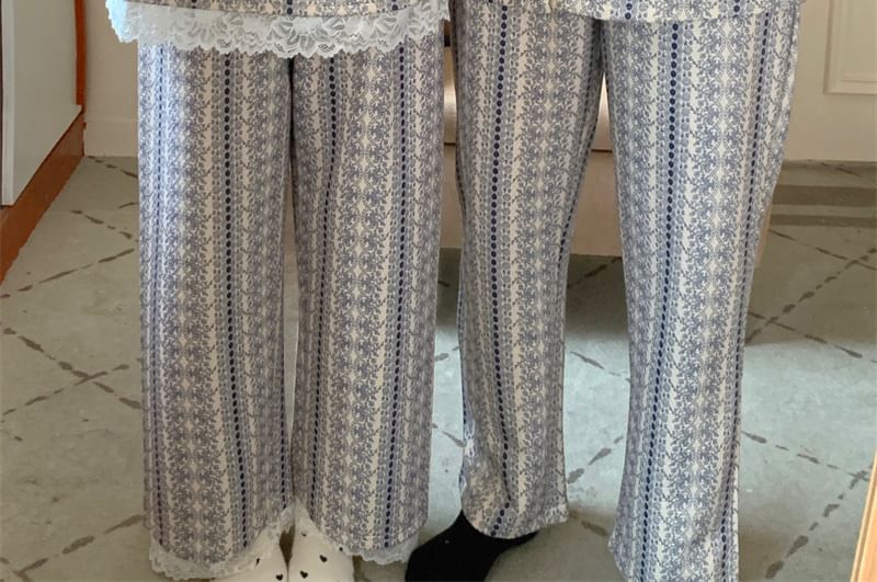 Couple Matching Pajama Set: Long-Sleeve Floral Print Button-Up Shirt + Pants