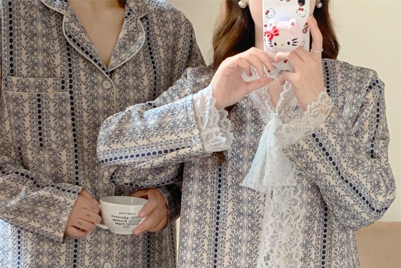 Couple Matching Pajama Set: Long-Sleeve Floral Print Button-Up Shirt + Pants