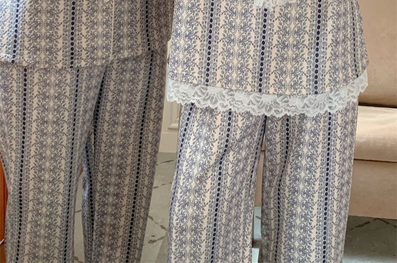 Couple Matching Pajama Set: Long-Sleeve Floral Print Button-Up Shirt + Pants