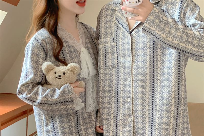 Couple Matching Pajama Set: Long-Sleeve Floral Print Button-Up Shirt + Pants