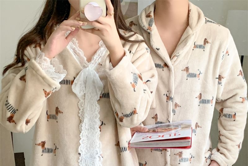 Couple Matching Pajama Set: Long-Sleeve Dog Print Button-Up Flannel Shirt + Pants