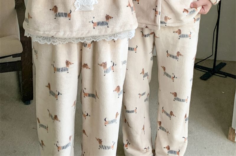 Couple Matching Pajama Set: Long-Sleeve Dog Print Button-Up Flannel Shirt + Pants