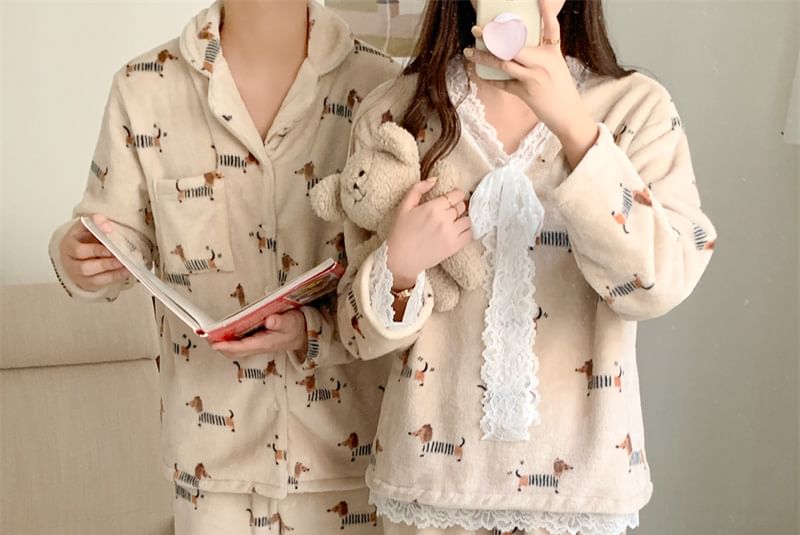 Couple Matching Pajama Set: Long-Sleeve Dog Print Button-Up Flannel Shirt + Pants