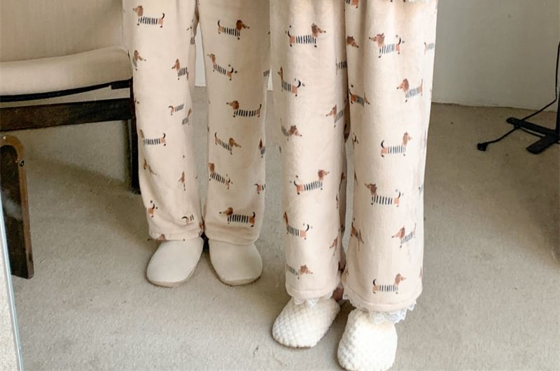 Couple Matching Pajama Set: Long-Sleeve Dog Print Button-Up Flannel Shirt + Pants