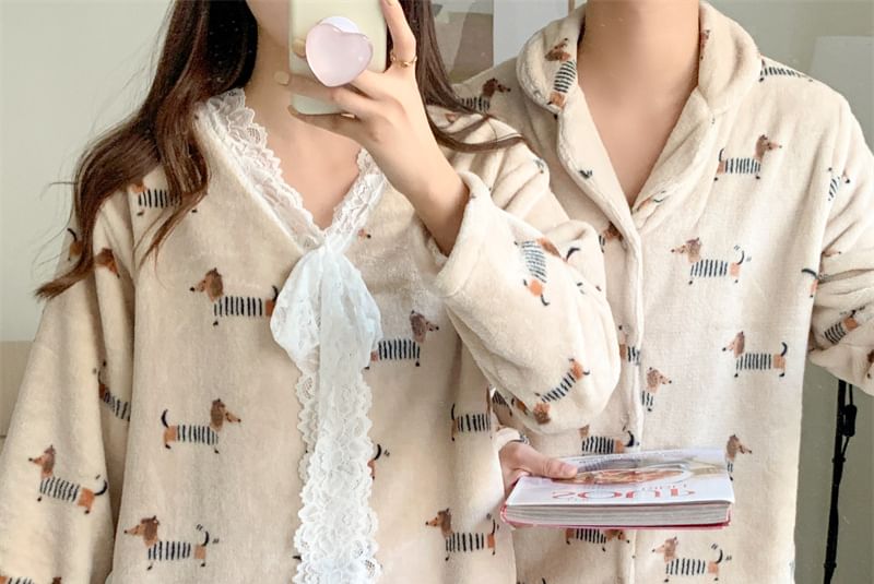 Couple Matching Pajama Set: Long-Sleeve Dog Print Button-Up Flannel Shirt + Pants