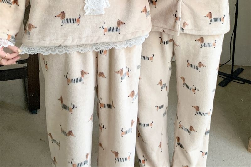 Couple Matching Pajama Set: Long-Sleeve Dog Print Button-Up Flannel Shirt + Pants