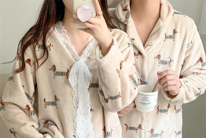 Couple Matching Pajama Set: Long-Sleeve Dog Print Button-Up Flannel Shirt + Pants
