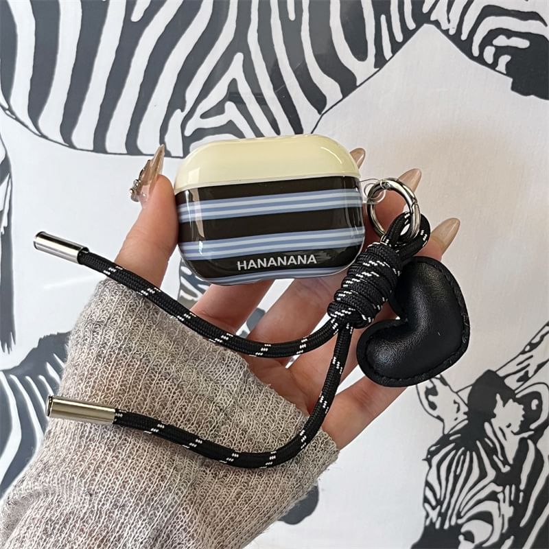 Striped AirPods / Pro Earphone Case Skin / Heart Strap Charm / Set