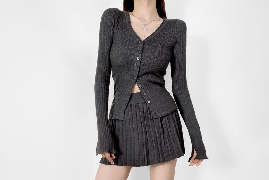 Ribbed Knit Cardigan with Mini Pleated Skirt - V-Neck