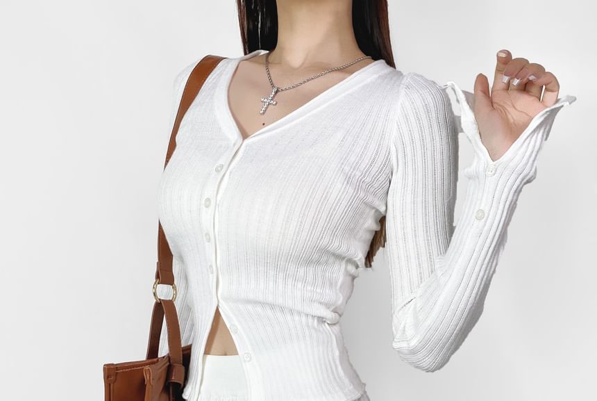 Ribbed Knit Cardigan with Mini Pleated Skirt - V-Neck