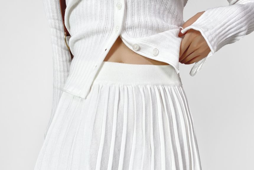 Ribbed Knit Cardigan with Mini Pleated Skirt - V-Neck