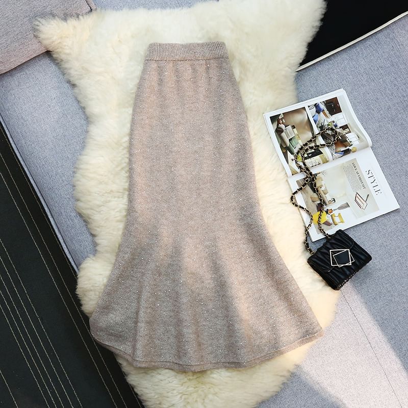 Glitter Fishtail Midi Skirt with High Waist