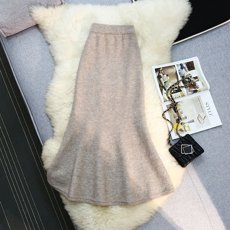 Glitter Fishtail Midi Skirt with High Waist